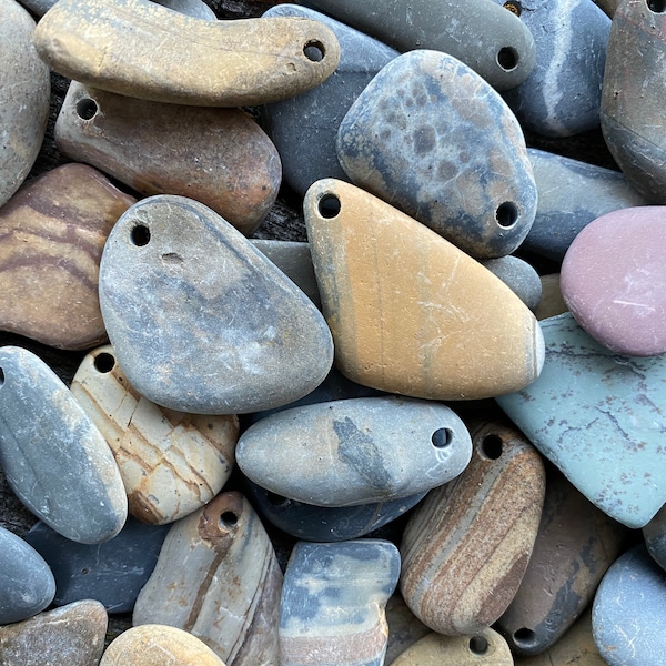 Medium (1”- 1 1/4”inch) flat, smooth beach stones with top drilled holes (~3mm)