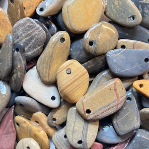 50x Flat 1”  Drilled River Stones • Smooth Natural Pebble Beads • 3mm Hole • Tumbled Montana Rocks for Crafts & Jewelry