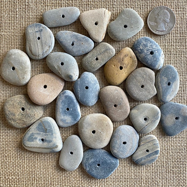 25 large 1 1/4” appr flat smooth stones with middle drilled holes (2-3mm), natural stone beads beach stones for cairns keychain kid project