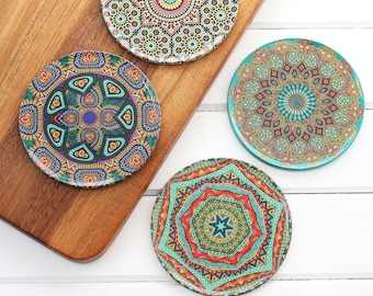 Coasters, set of 4, Christmas gift, wedding gift favors, coffee table, Mandala cork back tin coasters for glass cups, decorative coasters,S3