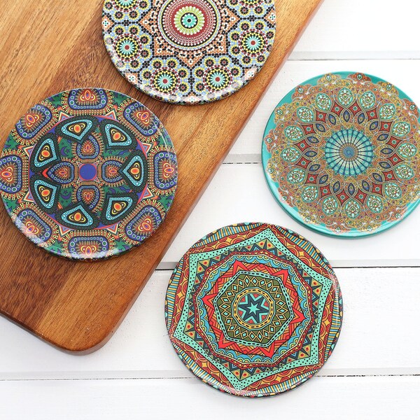 Coasters, set of 4, Christmas gift, wedding gift favors, coffee table, Mandala cork back tin coasters for glass cups, decorative coasters,S3