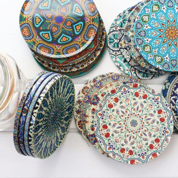 Coaster set of 4, home office gift, wedding gift, coffee table decor, Mediterranean coasters for drinks, cork back tin coasters, S2