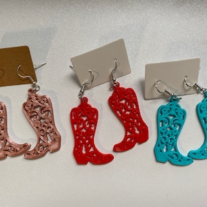 Cowgirl Boot Earrings Western Style Dangle Earrings - Custom 3D Printed Fun Lightweight! Choose from fun colors! Nickel Free Earring Hook
