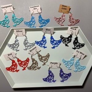 Geometric Chicken Design Dangle Earrings - Custom 3D Printed. Lightweight & Fun! Choose from a wide range of colors + Nickel Free Hooks