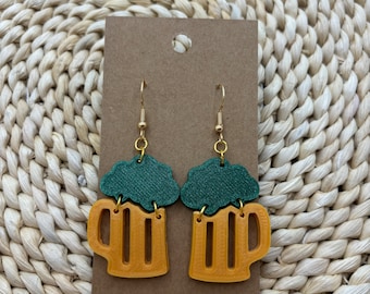 St. Patrick's Day Green Beer Dangle Earrings - 3D Printed, Light, Flirty, Fun!