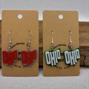Ohio State Ohio University Themed Earrings - Scarlet & Gray Green and White 3D Printed - Lightweight,  Nickel-Free Earring Hook