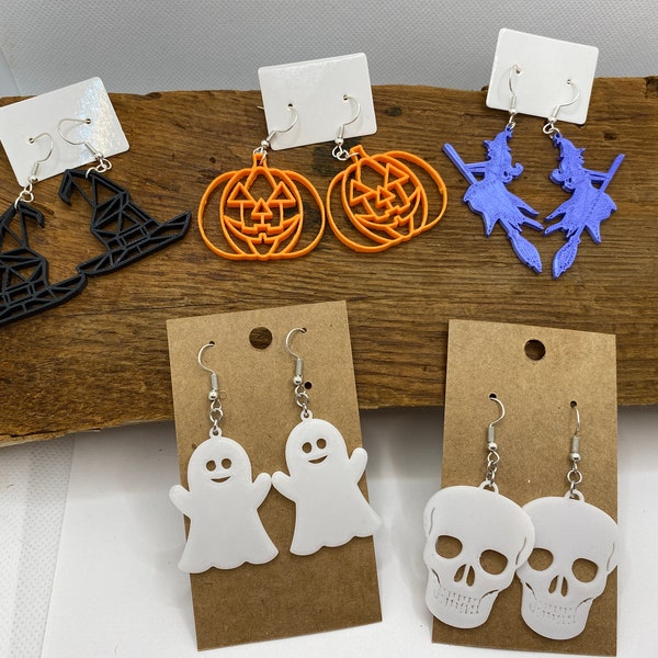 Halloween Themed 3D Printed Earrings - Flying Witch, Witch Hat, Pumpkin Face, Ghost, Skeleton Cute! Nickel Free Earring Hooks