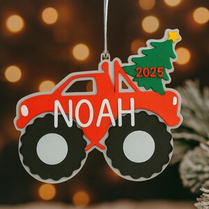 Monster Truck Christmas Ornament / Gift Tag, Personalize Name & Color
