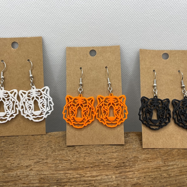 Bengal Tiger Dangle Earrings 3D Printed in Orange, White, Pearl, Black, Gold or Purple Hypoallergenic Fish Hook Fun, Flirty, Lightweight