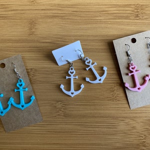 Boat Anchor Dangle Earrings - Choose Color - Custom 3D Printed Lightweight and Cute! Nickel Free Earring Hooks