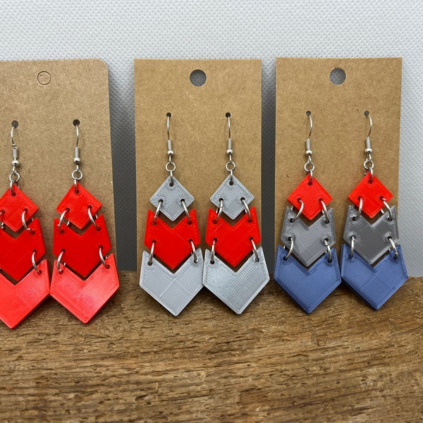 Team or School Spirit Nested Color Chevron Dangle Earrings Fun, Flirty Choose Color Combination 3D Printed, Lightweight, Hypoallergenic Hook