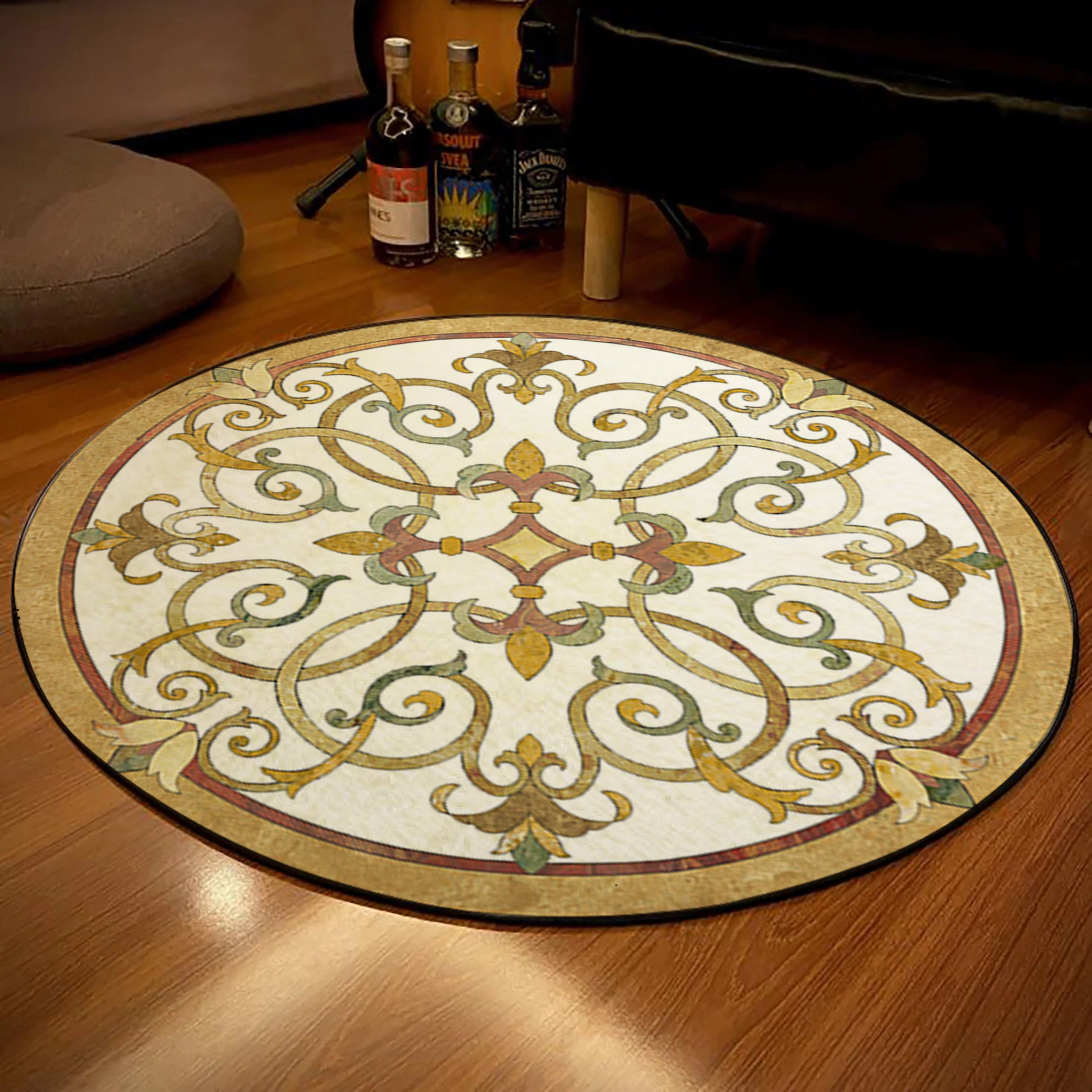 Floral Marble Patterned Round Rug Mosaic Rug Medallion Etsy
