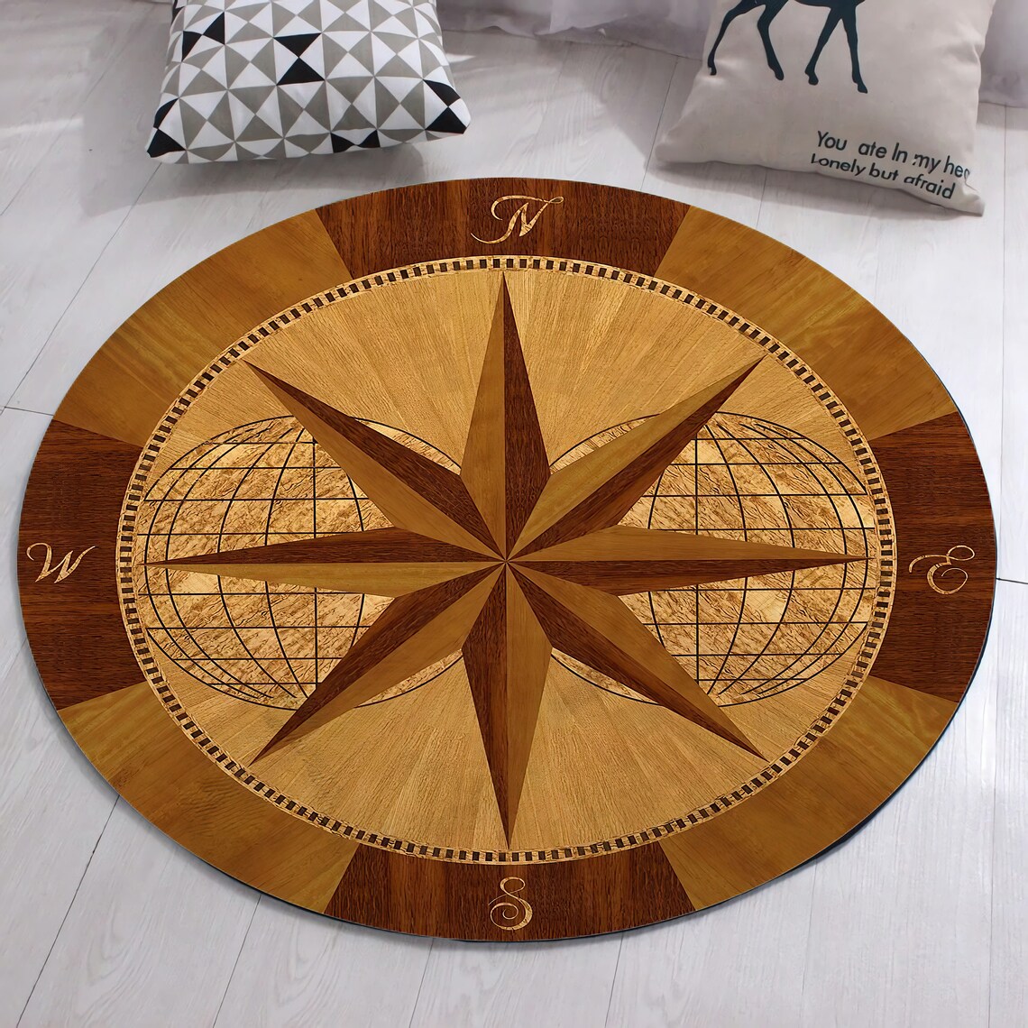 Compass Rose Rug Round Compass Medallion Carpet Real Looking Etsy