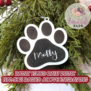Paw Print personalized engraved ornament. pet memorial modern farmhouse black and white. family ornaments, new pet, first christmas, dog cat