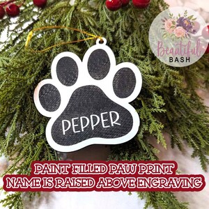 Paw Print personalized engraved ornament. pet memorial modern farmhouse black and white. family ornaments, new pet, first christmas, dog cat