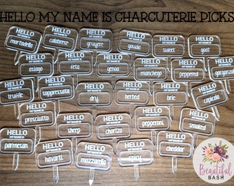 Hello My name is Acrylic Laser Engraved Charcuterie Picks Meat & Cheese Labels Food Tags Party Signs Gift Bachelorette Wedding Hostess Gift