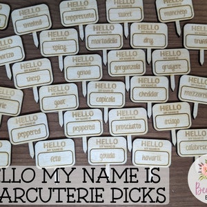 Hello My name is Laser Engraved Wooden Charcuterie Picks Meat & Cheese Labels Food Tags Party Signs Gift Bachelorette Wedding Hostess Gift