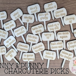 Punny Funny Wooden Charcuterie Picks Laser Engraved Meat & Cheese Labels Food Tag Party Signs Bachelorette Wedding New House Hostess Gift