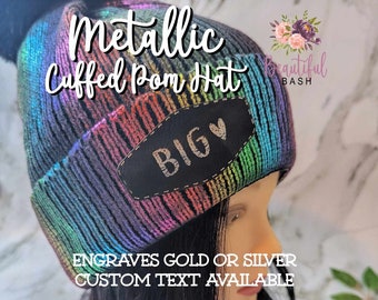 Metallic Beanie with custom engraved leather* patch Personalized pompom winter hat for her sorority girls trip swag gift little big sister