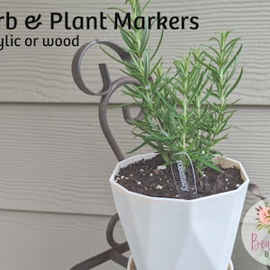May include: A white pot with a rosemary plant and a clear acrylic plant marker that says "rosemary". The plant is in a white pot with a geometric design. The pot is sitting on a metal stand. The background is a light brown wooden wall. The image is labeled "Herb & Plant Markers acrylic or wood".