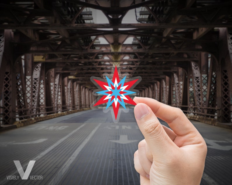 May include: A multi-pointed star design in red, white, and blue is held in front of a bridge. The star has a transparent background. The word "VISIBLY VECTOR" is printed in the lower left corner.