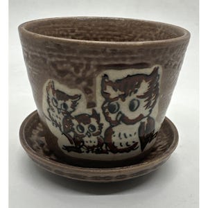 Puede incluir: Maceta de cerámica marrón con búhos y platillo a juego. La maceta presenta una superficie texturizada y un diseño de tres búhos en tonos marrones y blancos. Un artículo decorativo para el hogar o el jardín.