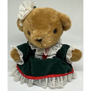 Vintage Christmas Holiday Anco Plush Teddy Bear in Green Dress 7" Tall 1991