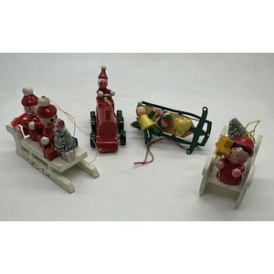 Vintage Lot of 4 Elf, Santa Sled, Train Wooden Christmas Ornaments
