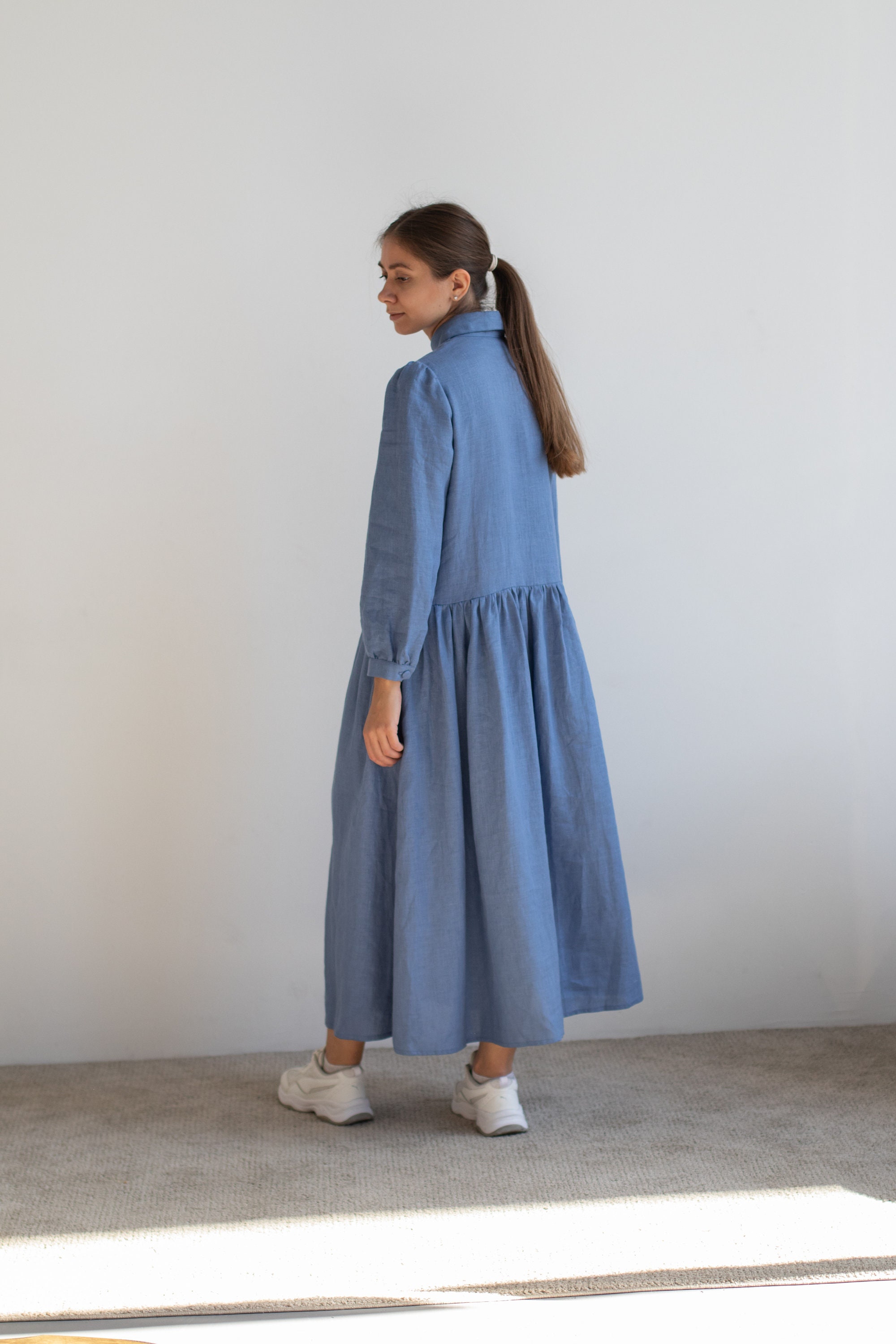 Linen Dress With Pockets Maxi Blue Boho Dress Long Sleeve - Etsy
