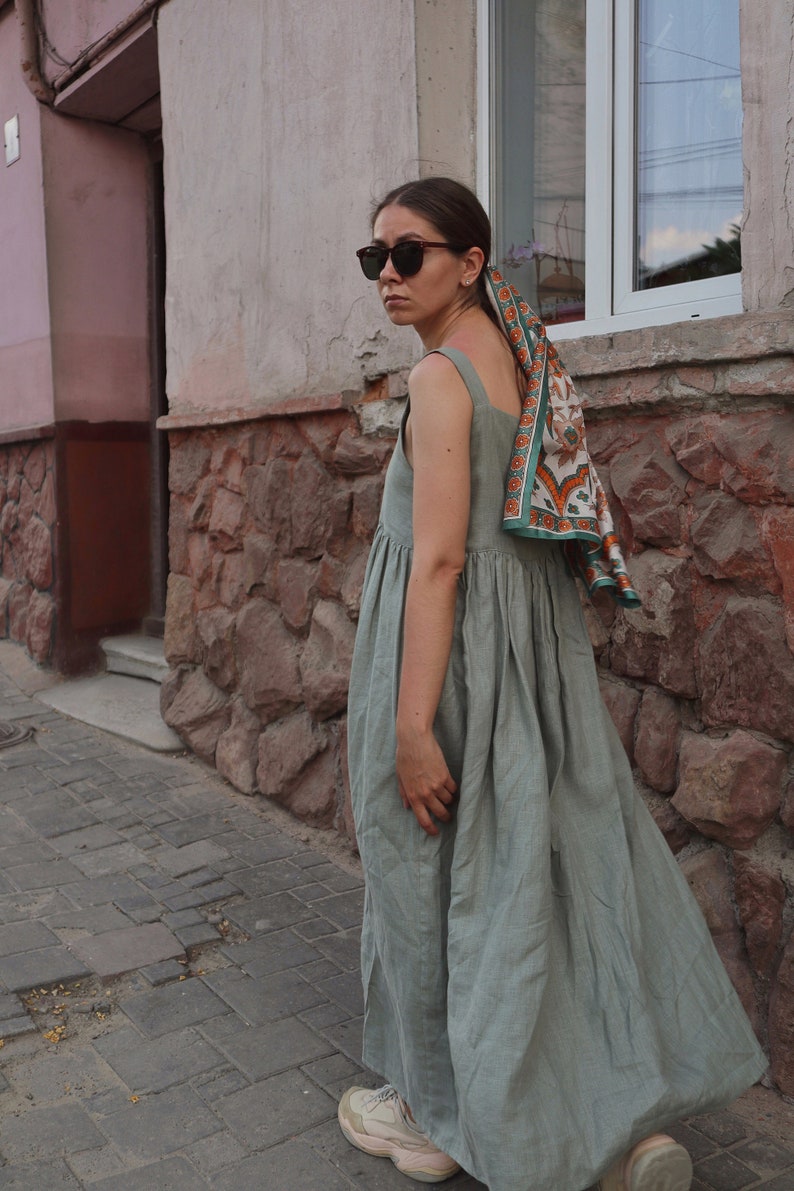 Sage Green Linen Dress Oversized Linen Dress With Pockets Etsy