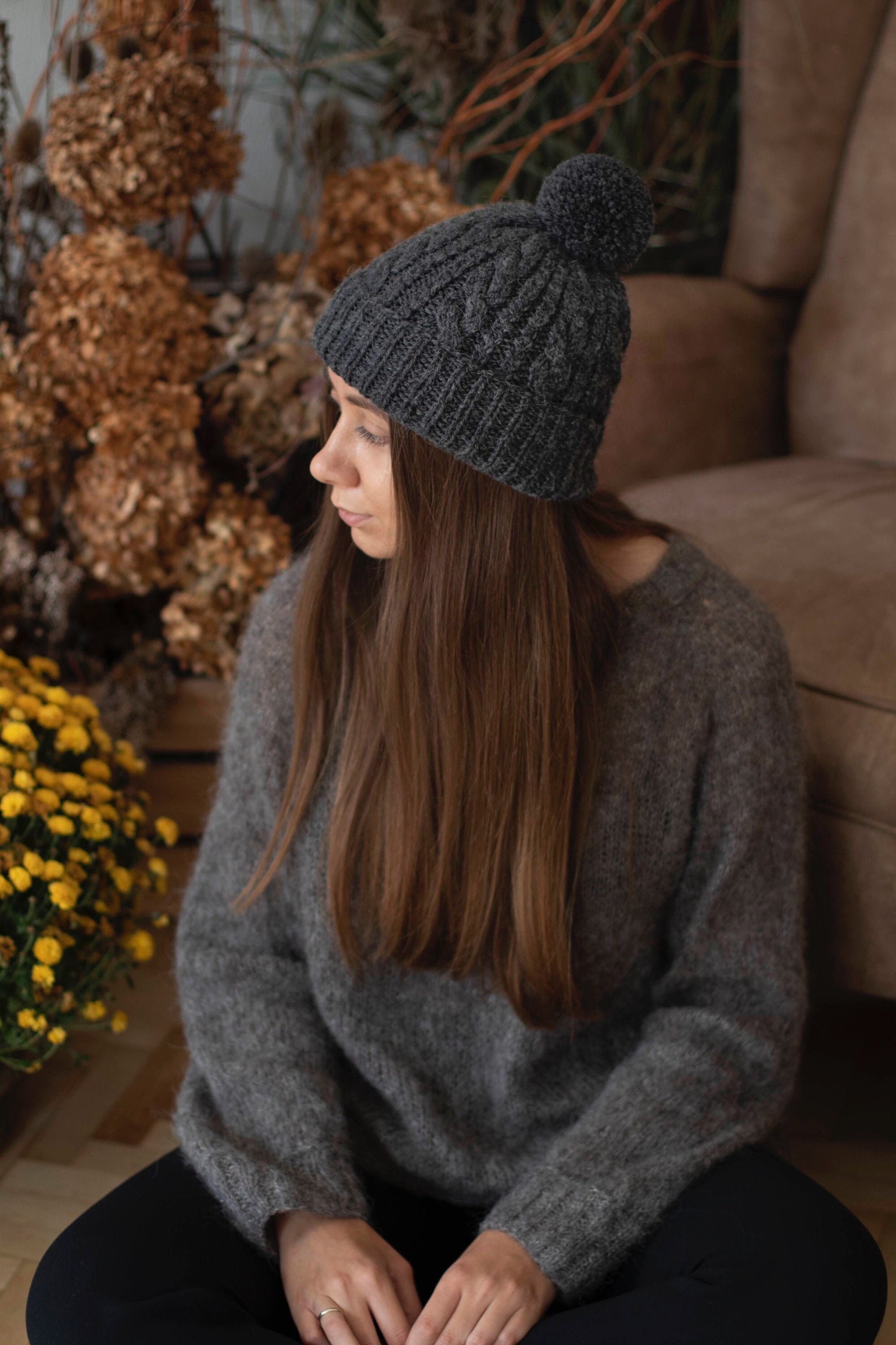 Knit Hat With Pom Pom, Dark Grey Knit Hat, Winter Knitted Hat, Gift for
