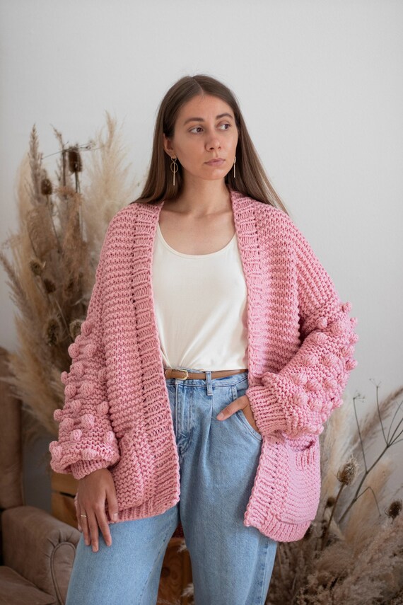 Chunky Knit Cardigan With Pockets Bubble Knit Sweater Oversized