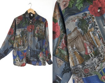 Vintage langärmlige Bluse 42 44 XL unikat barock malerei print