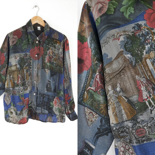 Vintage langärmlige Bluse 42 44 XL unikat barock malerei print