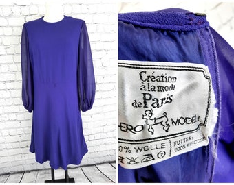 Vintage Kleid 42 XL Wolle 100% lila unikat Paris Winterkleid Wool 60s dress 70s