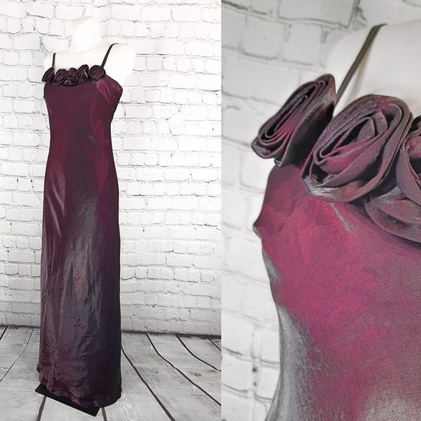 Lila Abendlkleid Kleid 38 M Maxi Satin Riemchenkleid vintage Blumen Metallic boredaux