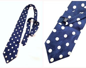 Designer Krawatte Tie Seide Switzerland handmade  vintage Polka dot Muster unikat Silk marine blue white