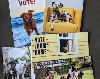 May include: A collection of postcards with dog-themed voting messages. One card reads "Exercise Your Right to Vote!" with a dog in the ocean. Another says "Please Don't Sit Out This Election. Your Vote Matters!" with a Dalmatian on a yellow chair.