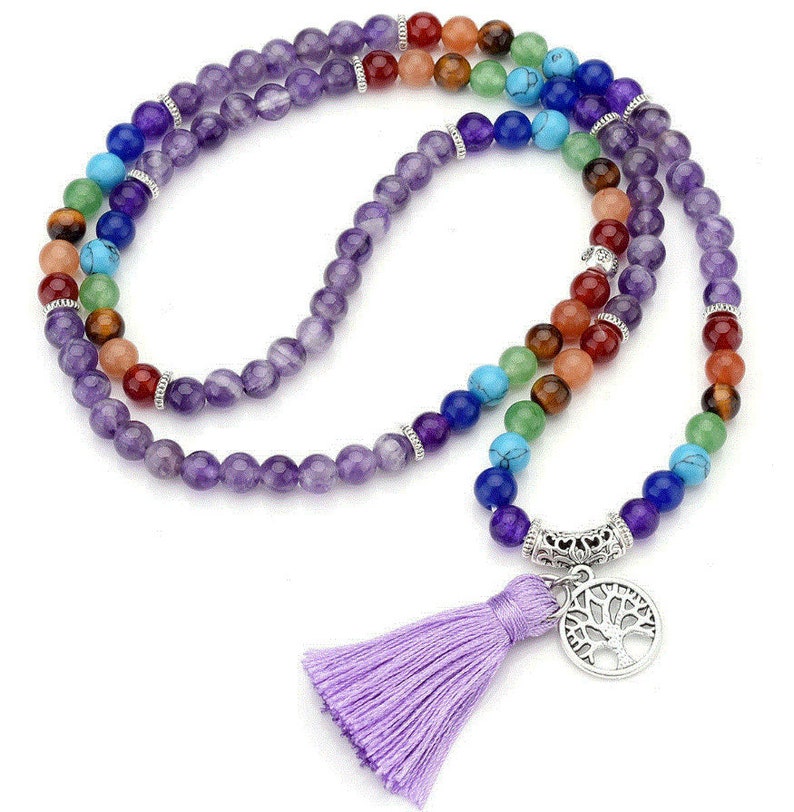 Beads AMETHYST Chakra Beads Prayer Multi-layer Tassel Mala Necklace Bracelet Meditation