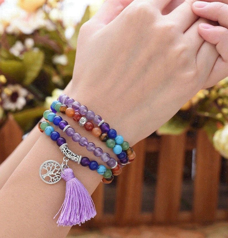 Beads AMETHYST Chakra Beads Prayer Multi-layer Tassel Mala Necklace Bracelet Meditation