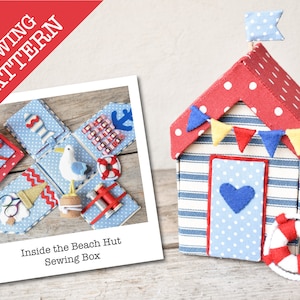 May include: A blue and red beach hut sewing box with a white polka dot roof and a blue and white striped body. The box is open and the inside is filled with sewing supplies. The text "Inside the Beach Hut Sewing Box" is printed below the image.