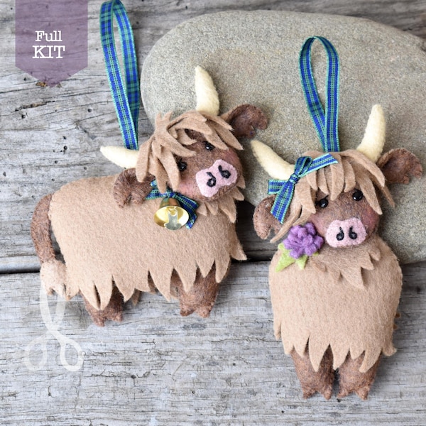 FULL KIT - Fergus and Fiona - Sew two felt Highland cow decorations | Simple sewing | Slow stitching I Tree ornaments