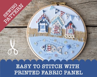 Beach Huts Hoop  - Stitch a cool coastal scene | Pattern and Panel only | Embroidery for Beginners | Easy Applique | Printed Panel