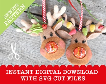 Rudolph's Nose - een pdf- en SVG- naaipatroon digitale download om twee boomdecoraties met chocoladetraktatie te naaien