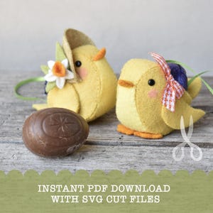 Op de afbeelding: Twee vilten paas kuiken ornamenten, een met een gele hoed en de andere met een rood-witte geruite strik. Beide kuikens zijn geel met zwarte ogen en oranje snavels. De kuikens zitten op een houten oppervlak.