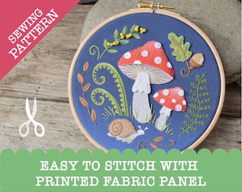 Mushroom Woods Hoop  - Stitch an easy embroidery scene | Pattern and Panel only | Embroidery for Beginners | Easy Applique | Printed Panel