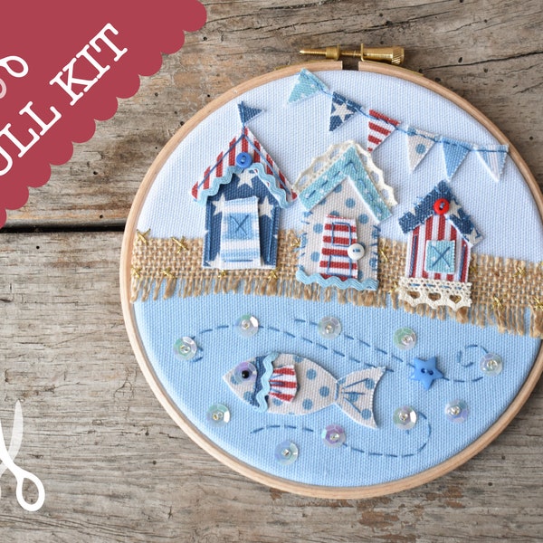 Beach Huts Hoop  - Stitch a cool coastal scene | Embroidery for Beginners | Easy Applique | Printed Panel