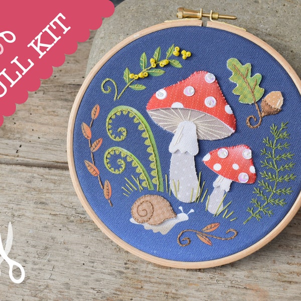 Mushroom Woods Hoop  - Stitch an easy embroidery scene | Embroidery for Beginners | Easy Applique | Printed Panel