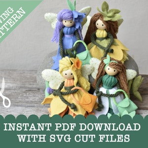 Op de afbeelding: Naai-patroon voor het maken van vilt-feepoppen. Het patroon bevat instructies voor het maken van vier verschillende feeën, elk met een uniek kleurenschema en bloemendesign. Het patroon bevat ook SVG-snijbestanden voor gebruik met een snijmachine. De tekst op de afbeelding luidt "Naai-patroon" en "Direct PDF-download met SVG-snijbestanden".