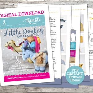 May include: A digital sewing pattern for a felt donkey and camel, titled "Little Donkey and a Camel Too." The cover shows the felt figures. Additional pages display instructions and pattern pieces. The text "PDF Instant Print at Home" is also visible.